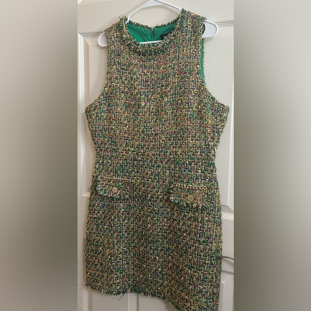 Alexia Admor Green and Gold Tweed Sheath Dress Size 14 - Picture 2 of 7